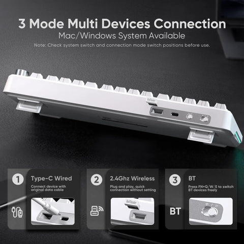 Dope Tri Mode Wireless Mechanical Keyboard With Hot Swappable Prelubed Coconut Switches Gasket Mount RGB Lighting showing connection options.
