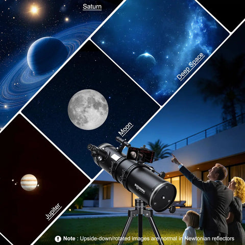130mm Professional Astronomical Telescope With 650mm Focal Length For Bright Views Alt Az Mount With Fine Adjustment Dual Phone Adapters Moon Filter 65X And 32 Point 5X Magnification Ideal For Adults And Beginners, black tube on tripod viewing Moon and Jupiter