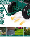 Close-up of garden cart with rolling seat and adjustable handle, featuring inflatable antiskid tires, 360 degree stool, tool tray.