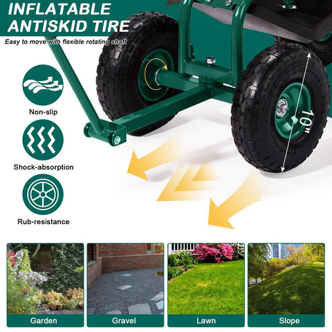 Close-up of garden cart with rolling seat and adjustable handle, featuring inflatable antiskid tires, 360 degree stool, tool tray.
