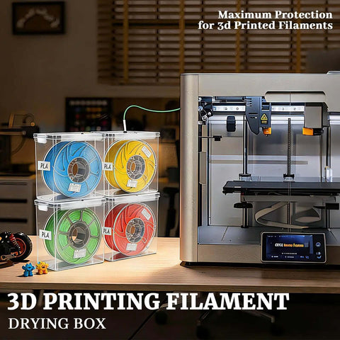 Filament Storage Box Set Of Four With Airtight Seal Keeps Your Filament Fresh For 3D Printer Spools next to 3D printer