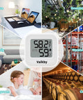 4 Pack Digital Hygrometer And Indoor Thermometer For Home And Nursery, Accurate Room Temperature Monitor With Humidity Sensor, Easy Emoji Display For Quick Readouts And Enhanced Comfort In Any Space. White digital hygrometer showing 58.2°F and 59% for office, nursery, family room, greenhouse, warehouse, and cellar.