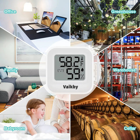 4 Pack Digital Hygrometer And Indoor Thermometer For Home And Nursery, Accurate Room Temperature Monitor With Humidity Sensor, Easy Emoji Display For Quick Readouts And Enhanced Comfort In Any Space. White digital hygrometer showing 58.2°F and 59% for office, nursery, family room, greenhouse, warehouse, and cellar.