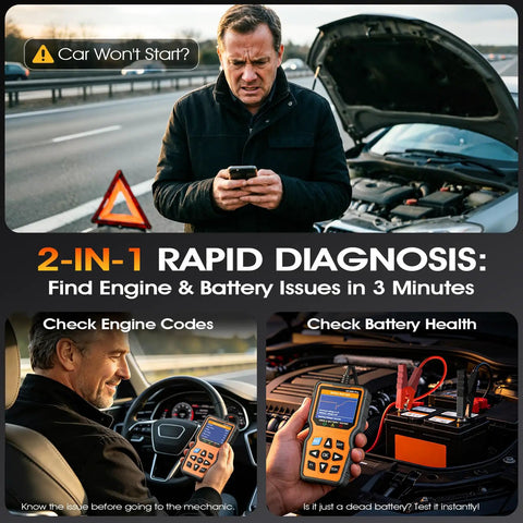 OBD2 Scanner With Battery Tester 2 In 1 Fast Fault Code Reader And 12V Battery Health And Charging System Analyzer in car use