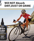 Cyclist riding on a sunny road with No Nonsense Dry Bike Chain Lube for MTB with Ceramic Coating and PTFE bottle in foreground