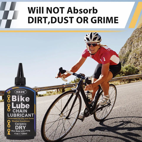 Cyclist riding on a sunny road with No Nonsense Dry Bike Chain Lube for MTB with Ceramic Coating and PTFE bottle in foreground