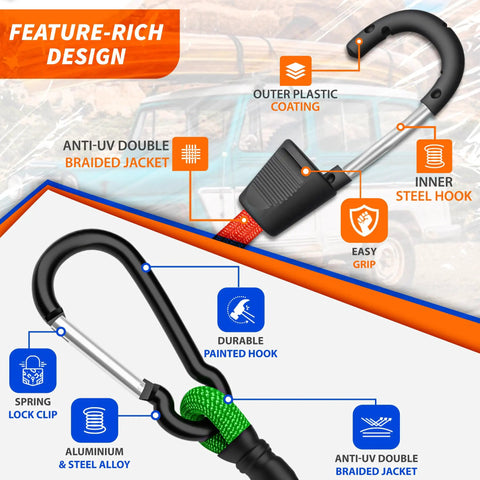 Feature-rich design of Heavy Duty Bungee Cords With Hooks Kit 30 Pcs Assorted Sizes, showing plastic coated hooks and UV protection.