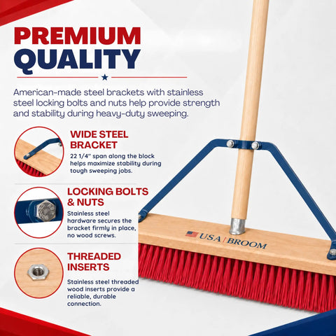 Heavy Duty 36 Inch Commercial Push Broom With Extended Handle For Hassle Free Indoor Outdoor Sweeping Built Like A Tank Workshop Floor Sweeper with steel brackets and bolts.