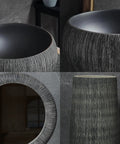 Built Tough Ceramic Bathroom Vessel Sink And Pedestal Combo With Faucet Drain Kit For Indoor Outdoor Space Artisan Handmade Texture rock solid construction close-up of textured sink details.
