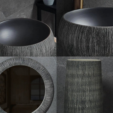 Built Tough Ceramic Bathroom Vessel Sink And Pedestal Combo With Faucet Drain Kit For Indoor Outdoor Space Artisan Handmade Texture rock solid construction close-up of textured sink details.