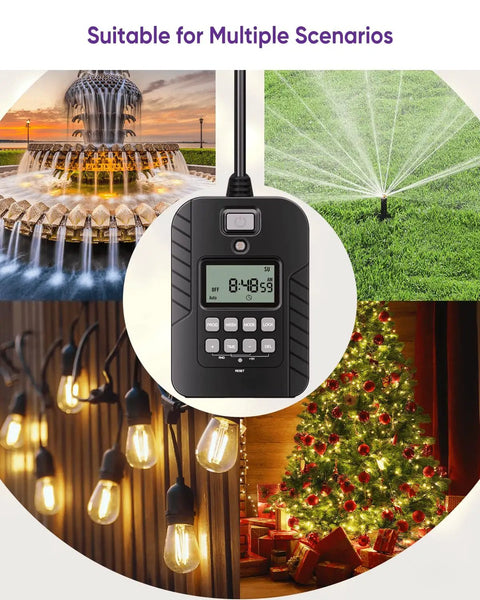 Rock Solid Outdoor Programmable Timer Featuring Weather Sealed Dual Grounded Outlets and Automatic Photocell Switches for Porch Lighting, digital panel for scheduling.