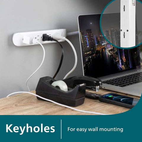 Six Outlet Surge Protector Power Strip With Braided Four Foot Cord, Flat Plug, Wall Mount Design, 720 Joules, ETL Safety Certified, White, Perfect For Home Office, Dorm Rooms, And Tech Setups