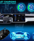 Straight Talk Heavy Duty Tesla To J1772 Charging Adapter 80A Rapid Portable Connector shown with Tesla dashboard and vehicle layout.