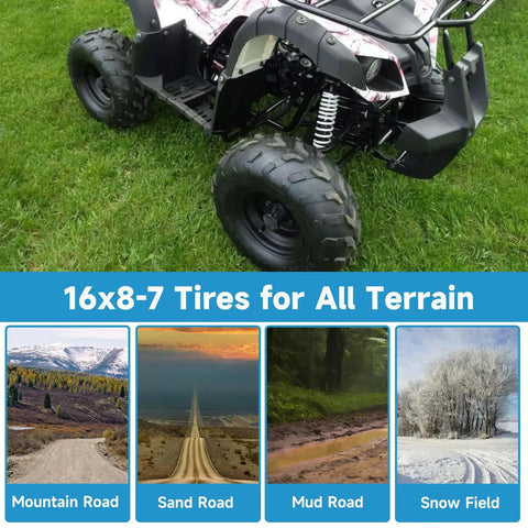 16x8-7 ATV Tire Tubeless All-Terrain Replacement For Tao Tao Coolster 110cc 125cc displayed on quad over grass