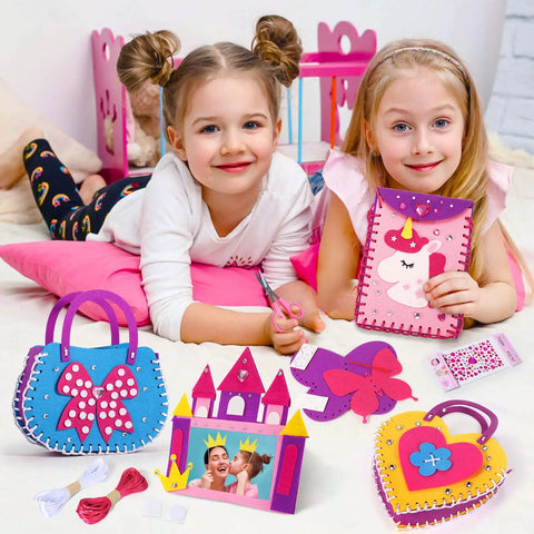 Kids Sewing Kit For Beginners 6 Easy DIY Felt Crafts For Girls Aged 4 5 6 7 8 with unicorn bag and purse, felt projects