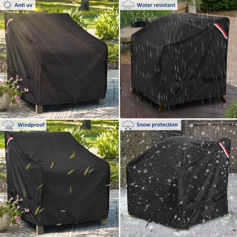 Heavy Duty Waterproof Patio Chair Covers 2 Pack For Deep Seat Outdoor Lounge Chairs Fits Up To 32 W X 37 D X 36 H Inches All Weather Outdoor Furniture Covers Black showing protection in various weather conditions.