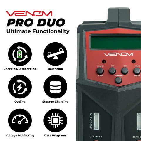 Power Pro Duo LiPo Battery Charger With LCD Screen Beefy Dual 80W Ports and icons for charger functions.