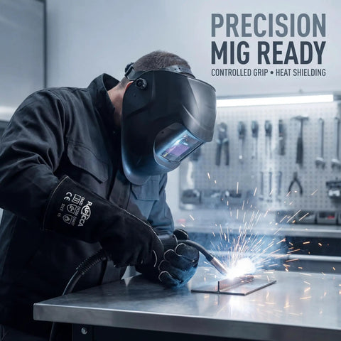 Welder using Heat Resistant Fireplace Gloves 14 Inch Fireproof Leather with welding torch, sparks flying.