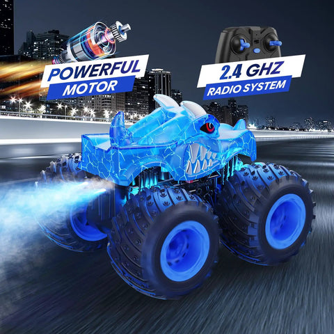 Remote Control Monster Truck For Kids 3 4 5 6 7 8 Dope 2.4GHz All Terrain Off Road RC Car With Sprayer Lights And Rechargeable Battery on road