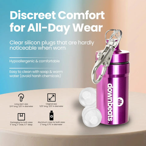 Dope Concert And Festival Ear Plugs With High Fidelity Sound Filters shown with aluminum case and clear design, 18dB noise reduction.