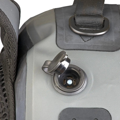 Close-up of submersible zipper inflatable valve on Waterproof Fishing Backpack With Rod Holder And Submersible Zipper Inflatable Valve Padded
