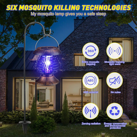 Solar Bug Zapper Outdoor Waterproof Mosquito Killer Lamp With Plastic Ring For Yard And Patio Solar Powered Insect Zapper Antique Bronze Finish Pack Of 2 Easy Switch Nighttime Bug Light installed in a garden at night with glowing UVA light