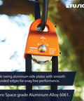 Close-up of Micro Aluminum Side Swing Pulley With Cheeks For Backyard Zipline And Trolley 20kN Single Pulley, aerospace aluminum