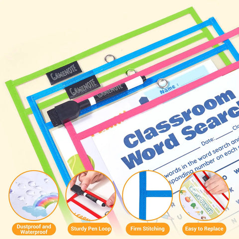 Dry Erase Pockets With Rings, 30 Pack, 10x14 Oversized Clear Sheet Protectors in assorted colors with a worksheet