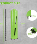 BETTERI 2.5-inch dry core drill bit with pilot and two adapters; front view shows green housing and 10-inch drilling depth