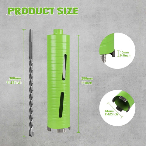 BETTERI 2.5-inch dry core drill bit with pilot and two adapters; front view shows green housing and 10-inch drilling depth