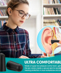 Woman using black foam ear plugs in a library, showcasing Bulk Pack Of Foam Ear Plugs For Work And Travel With 33dB NRR Noise Reduction comfort.