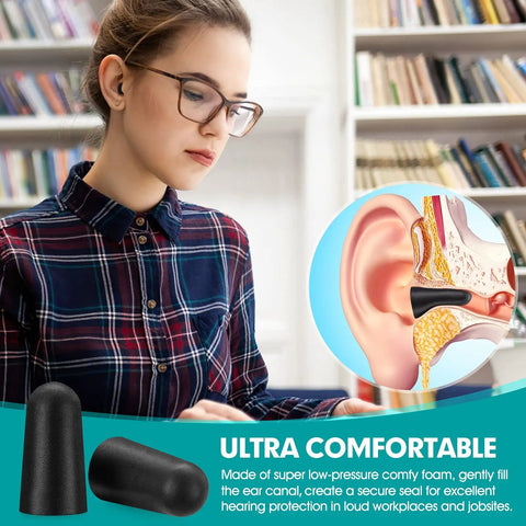 Woman using black foam ear plugs in a library, showcasing Bulk Pack Of Foam Ear Plugs For Work And Travel With 33dB NRR Noise Reduction comfort.