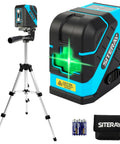Self Leveling Laser Level With Tripod And Magnetic Base, 98.5ft Green Cross Line Laser For Tile, Picture Hanging, DIY And Home Improvement, Easy Brightness Adjustments, Includes AA Batteries And Carrying Pouch, Bang For Your Buck. Black and blue laser level on tripod with batteries and pouch
