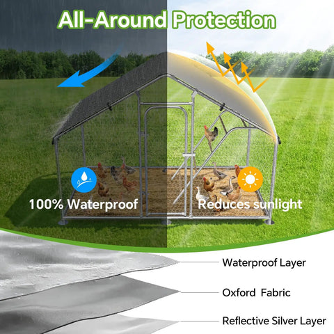 Heavy Duty Metal Chicken Coop Run With Walk In Design Roosting Perch 10 By 5 By 6.4 Ft Rust Resistant Steel Frame Waterproof UV Cover