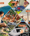 Collage showing Folding Camping Table For 1 To 2 People Lightweight And Collapsible With Carry Bag at picnics, beach, BBQ, and car trips.
