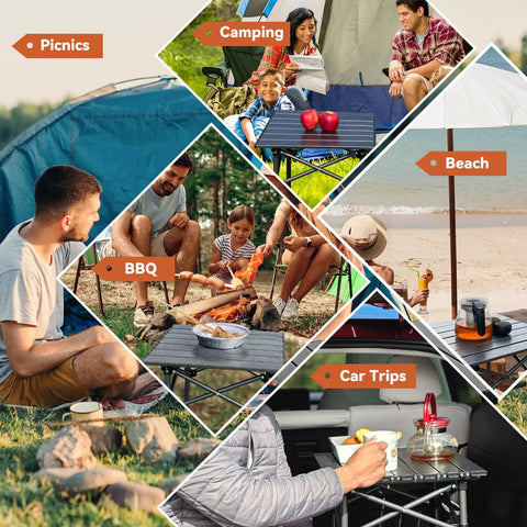 Collage showing Folding Camping Table For 1 To 2 People Lightweight And Collapsible With Carry Bag at picnics, beach, BBQ, and car trips.