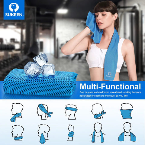 Woman using Instant Cooling Towels 4 Pack 40 By 12 Inches Hyper Evaporative Ice Towel Neck Wraps Soft Breathable Microfiber for workouts.