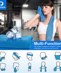 Woman using 4 Pack Cooling Towels 40 By 12 Inches, Reusable Ice Towels, Soft Breathable Microfiber Neck Wraps for sports in gym setting.