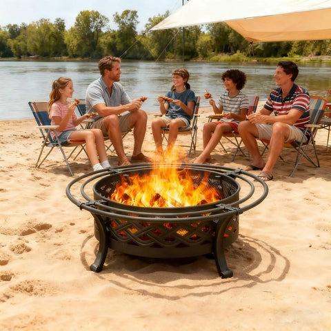36 Inch Round Outdoor Fire Pit With Crossweave Design In Black Iron For Patio Backyard Garden And Camping Includes Spark Screen And Fire Poker For Cozy Bonfires And Warm Gatherings