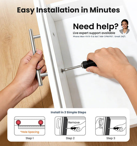 Installing 50 Pack Brushed Nickel Stainless Steel Cabinet Pulls 5 Inch Length 3 Inch Center To Center Holes on drawer