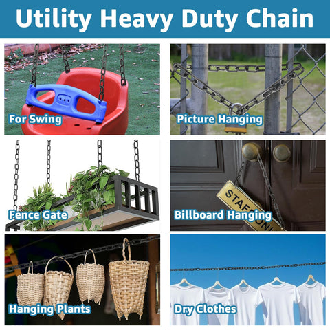 Collage of Heavy Duty One Quarter Inch Chain Kit uses including swing, fence gate, billboard hanging, and plant hanging.