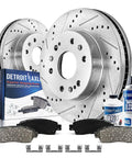 Front Brake Kit With Drilled Slotted Rotors And Ceramic Pads For Chevy Silverado Suburban Sierra Express 1500 Tahoe Yukon Cadillac Escalade ESV EXT 330mm Rotors, showing two rotors, ceramic pads, and cleaner kit.