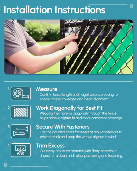 Person installing Privacy Weave Fence Slats For Chain Link Fences Easy DIY Privacy Solution White Polyethylene Slats Fits 2 Inch To 2 3 8 Inch Mesh Made In USA Perfect For Your Backyard Garden Patio And Pool Enclosures 250 Ft Roll on a fence