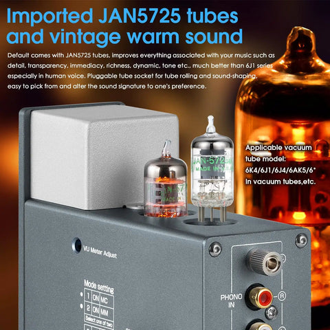 Dope Tube Phono Preamp T4 Plus For MM And MC Turntables, Warm Analog Vacuum Tube Sound, Preamplifier With Headphone Amp, Aux Input, VU Meter, Retro HiFi Vibe For Vinyl Lovers gray tube preamp with JAN5725 tubes