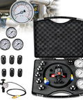 Pro Grade Hydraulic Accumulator Kit With Nitrogen Fill, Gas Valve Test Kit; open case showing gauges, adapters, gas hose
