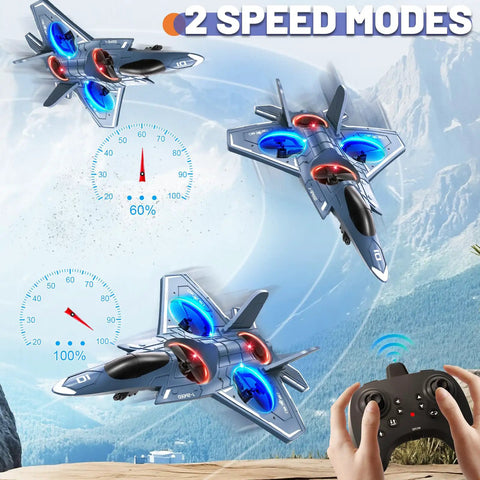Foam Remote Control Airplane For Kids And Adults 14 Plus with lights and controller, performing 360 degree flips against mountain backdrop.