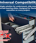 Universal compatibility illustration with undermount drawer slide jig for cabinet hardware installation.