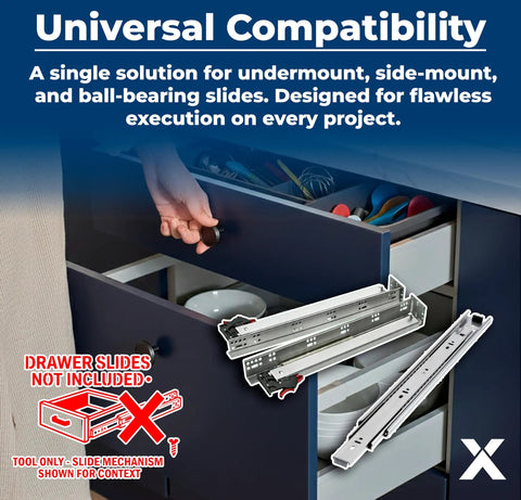 Universal compatibility illustration with undermount drawer slide jig for cabinet hardware installation.
