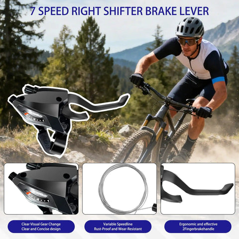 Man riding mountain bike equipped with All In One 21 Speed Bike Shifter Lever Kit With Brake Lever And V Brake Cable, KD82 3x7 Gear System.