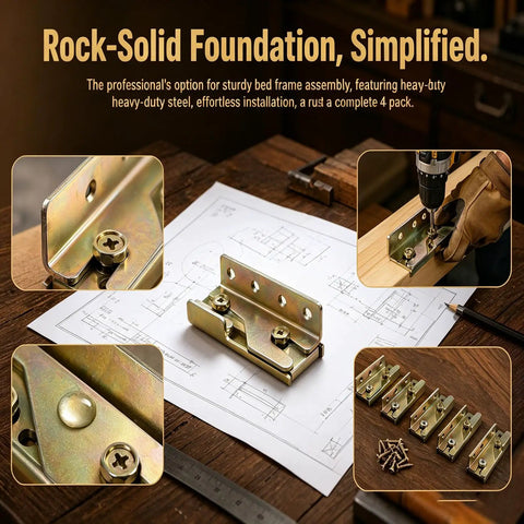 No Nonsense Heavy Duty Bed Rail Brackets Kit With Rock Solid Wood Frame Connectors Plates And Mounting Screws Set Of 4 on workbench with screws and design plans.